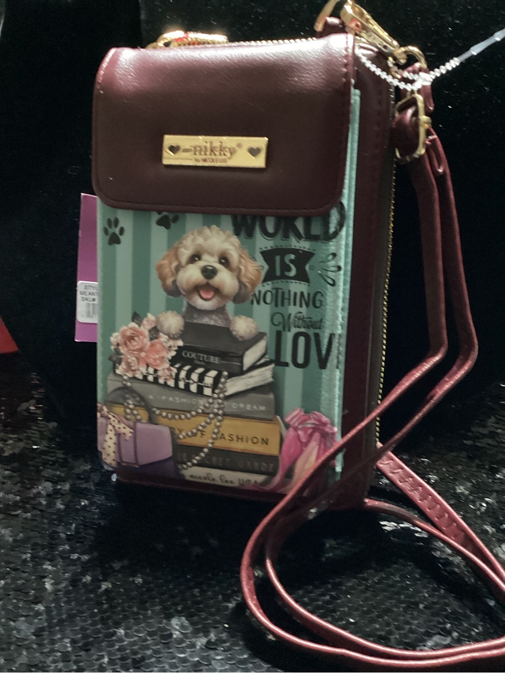 Burgundy Crossbody Phone/Wallet  with Puppy Print